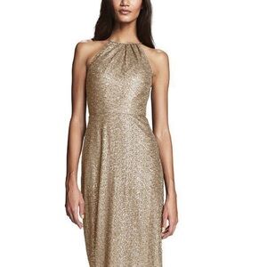 Amsale Gold Ruched One Shoulder Gown
